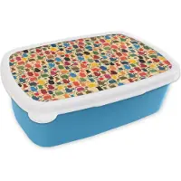 MuchoWow Broodtrommel Blauw - Lunchbox - Brooddoos - Patronen - Koffie - Theepot - Retro - 18x12x6 cm - Kinderen - Jongen