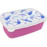 MuchoWow Broodtrommel Roze - Lunchbox - Brooddoos - Patroon - Blauw - Vogel - 18x12x6 cm - Kinderen - Meisje