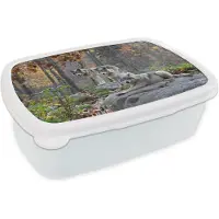 MuchoWow Broodtrommel Wit - Lunchbox - Brooddoos - Wolf - Herfst - Bos - 18x12x6 cm - Volwassenen