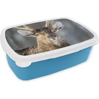 MuchoWow Broodtrommel Blauw - Lunchbox - Brooddoos - Hert - Gewei - Bruin - Wit - 18x12x6 cm - Kinderen - Jongen