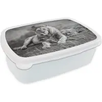 MuchoWow Broodtrommel Wit - Lunchbox - Brooddoos - Leeuwen - Wild - Zwart - Wit - 18x12x6 cm - Volwassenen