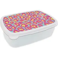 MuchoWow Broodtrommel Wit - Lunchbox - Brooddoos - Panterprint - Roze - Geel - Patroon - 18x12x6 cm - Volwassenen