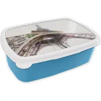 MuchoWow Broodtrommel Blauw - Lunchbox - Brooddoos - De Eiffeltoren met een zonnestraal door het ijzeren geraamte - 18x12x6 cm - Kinderen - Jongen