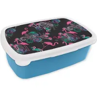 MuchoWow Broodtrommel Blauw - Lunchbox - Brooddoos - Flamingo - Patroon - Roze - Jungle - 18x12x6 cm - Kinderen - Jongen