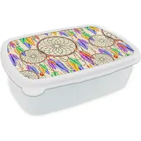 MuchoWow Broodtrommel Wit - Lunchbox - Brooddoos - Dromenvanger - Veren - Patronen - 18x12x6 cm - Volwassenen