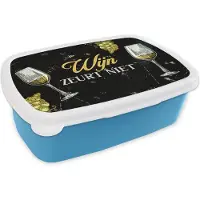 MuchoWow Broodtrommel Blauw - Lunchbox - Brooddoos - Wijn - Wijnglazen - Spreuken bordjes - 18x12x6 cm - Kinderen - Jongen
