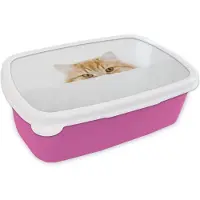 MuchoWow Broodtrommel Roze - Lunchbox Kat - Rood - Wit - Meisjes - Kinderen - Jongens - Kind - Brooddoos 18x12x6 cm - Brood lunch box - Broodtrommels voor kinderen en volwassenen
