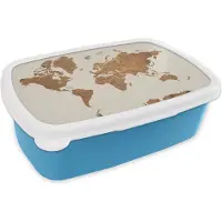 MuchoWow Broodtrommel Blauw - Lunchbox - Brooddoos - Wereldkaart - Vintage - Kaarten - 18x12x6 cm - Kinderen - Jongen