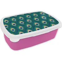 MuchoWow Broodtrommel Roze - Lunchbox - Brooddoos - Design - Pauw - Veren - Groen - Blauw - 18x12x6 cm - Kinderen - Meisje