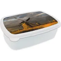 MuchoWow Broodtrommel Wit - Lunchbox - Brooddoos - Molen - Nacht - Nederland - 18x12x6 cm - Volwassenen