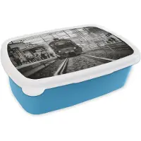 MuchoWow Broodtrommel Blauw - Lunchbox - Brooddoos - Zwart-wit foto van een stoomtrein op een station - 18x12x6 cm - Kinderen - Jongen