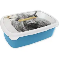 MuchoWow Broodtrommel Blauw - Lunchbox - Brooddoos - Schotse hooglander - Goud - Zwart - Wit - 18x12x6 cm - Kinderen - Jongen