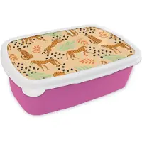 MuchoWow Broodtrommel Roze - Lunchbox - Brooddoos - Patroon - Jachtluipaard - Bladeren - 18x12x6 cm - Kinderen - Meisje