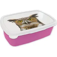 MuchoWow Broodtrommel Roze - Lunchbox Uil - Vogel - Portret - Brooddoos 18x12x6 cm - Brood lunch box - Broodtrommels voor kinderen en volwassenen