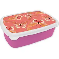 MuchoWow Broodtrommel Roze - Lunchbox - Brooddoos - Vlinders - Patronen - Roze - 18x12x6 cm - Kinderen - Meisje