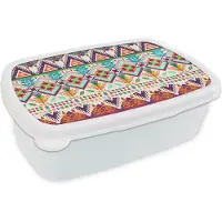 MuchoWow Broodtrommel Wit - Lunchbox - Brooddoos - Azteken - Zuid-Amerika - Patronen - 18x12x6 cm - Volwassenen