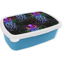 MuchoWow Broodtrommel Blauw - Lunchbox - Brooddoos - Octopus - Regenboog - Neon - Abstract - Patronen - 18x12x6 cm - Kinderen - Jongen