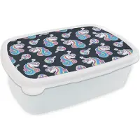 MuchoWow Broodtrommel Wit - Lunchbox - Brooddoos - Meisje - Unicorn - Lolly snoep - Patronen - Girl - Kids - Kinderen - 18x12x6 cm - Volwassenen