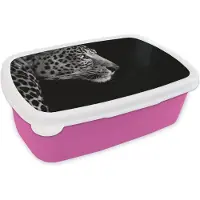 MuchoWow Broodtrommel Roze - Lunchbox - Brooddoos - Luipaard - Zwart - Wit - Vacht - 18x12x6 cm - Kinderen - Meisje