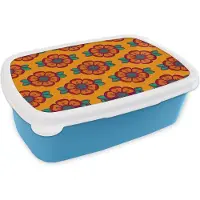 MuchoWow Broodtrommel Blauw - Lunchbox Design - Retro - Rozen - Oranje - Brooddoos 18x12x6 cm - Brood lunch box - Broodtrommels voor kinderen en volwassenen