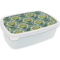 MuchoWow Broodtrommel Wit - Lunchbox Retro - Design - Jaren 70 - Bloem - Brooddoos 18x12x6 cm - Brood lunch box - Broodtrommels voor kinderen en volwassenen