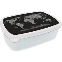 MuchoWow Broodtrommel Wit - Lunchbox - Brooddoos - Wereldkaart met dieren - zwart wit - 18x12x6 cm - Volwassenen