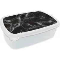 MuchoWow Broodtrommel Wit - Lunchbox - Brooddoos - Marmer - Kalk - Zwart - Wit - 18x12x6 cm - Volwassenen