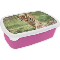 MuchoWow Broodtrommel Roze - Lunchbox - Brooddoos - Tijger - Bos - Lopen - 18x12x6 cm - Kinderen - Meisje