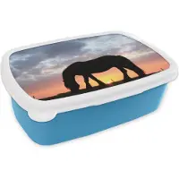 MuchoWow Broodtrommel Blauw - Lunchbox - Brooddoos - Paarden - Zon - Weiland - 18x12x6 cm - Kinderen - Jongen