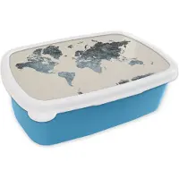 MuchoWow Broodtrommel Blauw - Lunchbox - Brooddoos - Wereldkaart - Zwart - Zilver - 18x12x6 cm - Kinderen - Jongen
