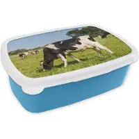MuchoWow Broodtrommel Blauw - Lunchbox - Brooddoos - Koe - Gras - Dieren - Bos - 18x12x6 cm - Kinderen - Jongen