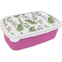 MuchoWow Broodtrommel Roze - Lunchbox - Brooddoos - Planten - Patronen - Bladeren - Kruiden - 18x12x6 cm - Kinderen - Meisje