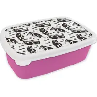 MuchoWow Broodtrommel Roze - Lunchbox - Brooddoos - Patronen - Kat - Zwart - Wit - Jongens - Meisjes - Kinderen - Kind - 18x12x6 cm - Kinderen - Meisje