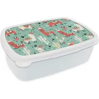 MuchoWow Broodtrommel Wit - Lunchbox - Brooddoos - Lama - Patronen - Cactus - 18x12x6 cm - Volwassenen