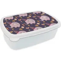 MuchoWow Broodtrommel Wit - Lunchbox - Brooddoos - Verjaardag - Olifant - Bloemen - Patronen - 18x12x6 cm - Volwassenen