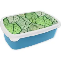 MuchoWow Broodtrommel Blauw - Lunchbox - Brooddoos - Bladeren - Schets - Vintage - Patronen - 18x12x6 cm - Kinderen - Jongen