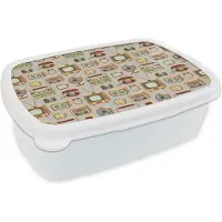 MuchoWow Broodtrommel Wit - Lunchbox Radio - Telefoon - Retro - Patroon - Brooddoos 18x12x6 cm - Brood lunch box - Broodtrommels voor kinderen en volwassenen