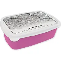 MuchoWow Broodtrommel Roze - Lunchbox - Brooddoos - Kaart - Paris - Plattegrond - Parijs - Frankrijk - Stadskaart - Zwart wit - 18x12x6 cm - Kinderen - Meisje