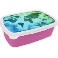 MuchoWow Broodtrommel Roze - Lunchbox - Brooddoos - Wereldkaart - Blauw - Groen - 18x12x6 cm - Kinderen - Meisje
