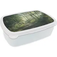 MuchoWow Broodtrommel Wit - Lunchbox - Brooddoos - Bos - Pad - Zon - Bomen - Groen - Natuur - 18x12x6 cm - Volwassenen