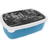 MuchoWow Broodtrommel Blauw - Lunchbox - Brooddoos - Bangkok - Auto - Reclamebord - Zwart - Wit - 18x12x6 cm - Kinderen - Jongen