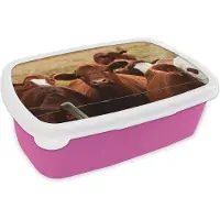 MuchoWow Broodtrommel Roze - Lunchbox - Brooddoos - Koe - Dieren - Hek - Bruin - 18x12x6 cm - Kinderen - Meisje