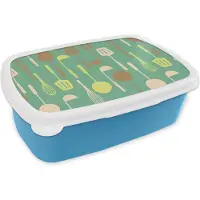 MuchoWow Broodtrommel Blauw - Lunchbox - Brooddoos - Spatel - Lepel - Patronen - Keuken - 18x12x6 cm - Kinderen - Jongen