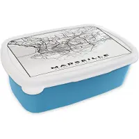 MuchoWow Broodtrommel Blauw - Lunchbox - Brooddoos - Marseille - Kaart - Stadskaart - Frankrijk - Plattegrond - Zwart wit - 18x12x6 cm - Kinderen - Jongen