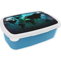MuchoWow Broodtrommel Blauw - Lunchbox - Brooddoos - Wereldkaart - Zwart - Groen - 18x12x6 cm - Kinderen - Jongen