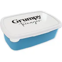 MuchoWow Broodtrommel Blauw - Lunchbox - Brooddoos - Kinderen - Spreuken - Zwart - Wit - Quotes - Grumpy teenager - 18x12x6 cm - Kinderen - Jongen