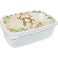 MuchoWow Broodtrommel Wit - Lunchbox - Brooddoos - Aap - Bloemen - Aquarelverf - 18x12x6 cm - Volwassenen