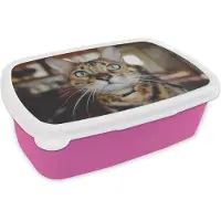 MuchoWow Broodtrommel Roze - Lunchbox - Brooddoos - Kat - Snorharen - Portret - 18x12x6 cm - Kinderen - Meisje