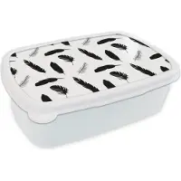 MuchoWow Broodtrommel Wit - Lunchbox - Brooddoos - Veren - Zwart Wit - Patroon - 18x12x6 cm - Volwassenen