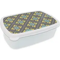 MuchoWow Broodtrommel Wit - Lunchbox Design - Ruit - Bloemen - Grijs - Brooddoos 18x12x6 cm - Brood lunch box - Broodtrommels voor kinderen en volwassenen